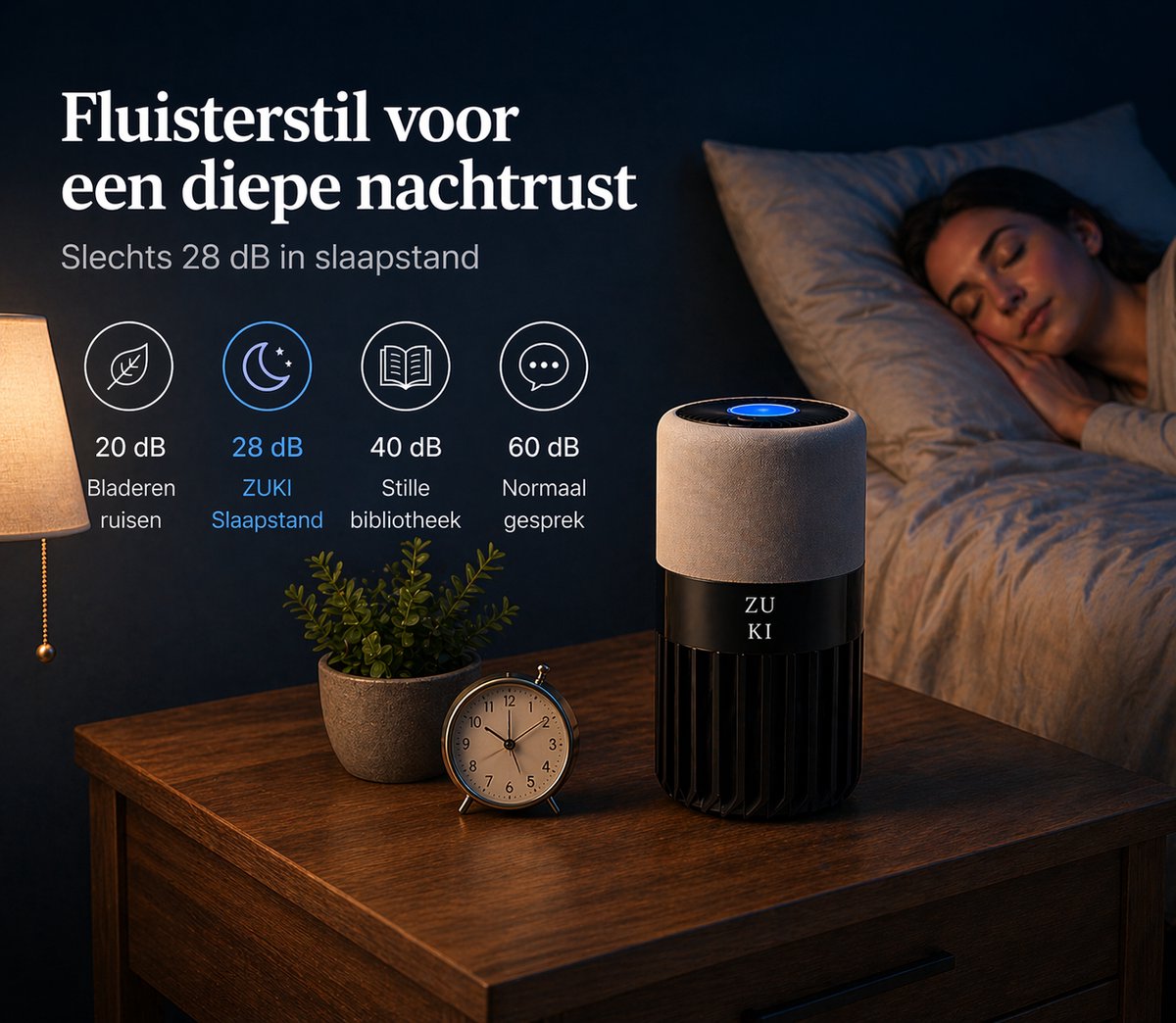 ZUKI Luchtreiniger met HEPA 13 Filter – Tegen Hooikoorts & Allergie – Fluisterstil (28dB) – Voor Slaapkamer – Tot 25m² – CADR 125 m³/u – Met Afstandsbediening — afbeelding 5