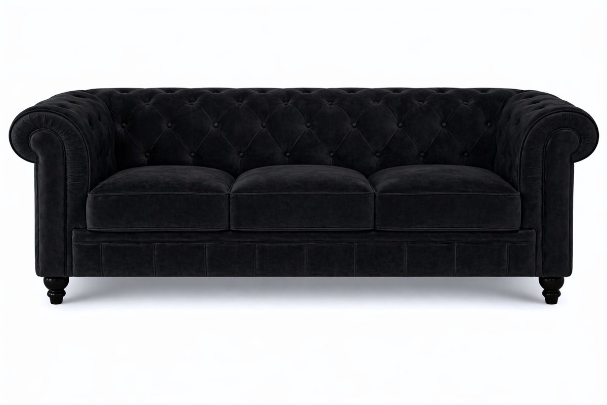 Chesterfield Bank 3-Zits - Velvet Zwart - Fluweel- Sofa