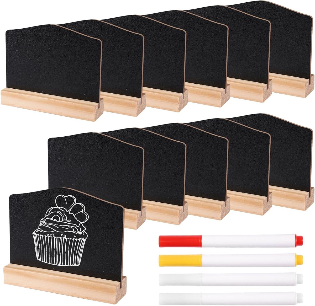12 Stuks Mini Krijtborden met 4 Krijtjes, Dubbelzijdige Kleine Krijtborden voor Feestjes, Bruiloften en Cafés, Ideaal voor Decoratie en Menu's