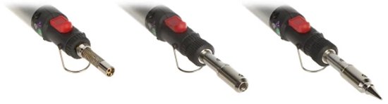 Drie VOREL gas soldeerbouten met rode schakelaar, elk met een andere branderopzetstuk.