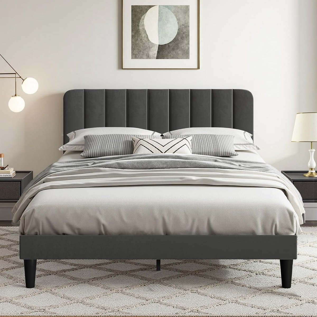 Luxe Fluwelen Tweepersoonsbed 140x200 cm met Verstelbaar Hoofdbord en Lattenbodem – Modern Gestoffeerd Bedframe met Sterke Ondersteuning, Zonder Boxspring, Grijs