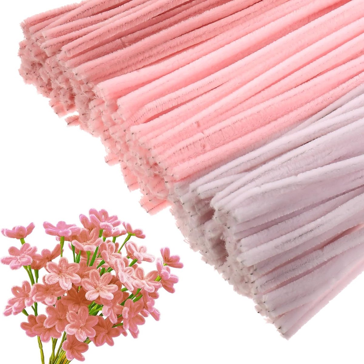 300 stuks roze pijpenragers van 30 cm voor knutselen, pluizige reinigers, DIY knutselset, creatief materiaal, chenilledraad en bloemenset
