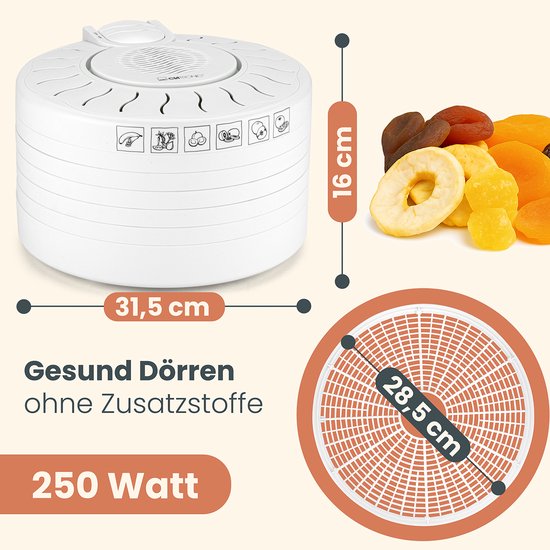 Witte Clatronic voedseldroger, 31,5 cm breed en 16 cm hoog, naast gedroogde abrikozen, appels en ananasblokjes. Diameter droogrek 28,5 cm.