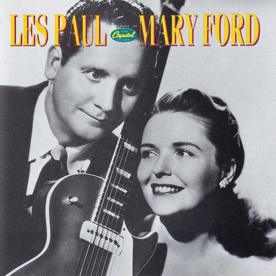 Zwart-witfoto van Les Paul met gitaar en Mary Ford.