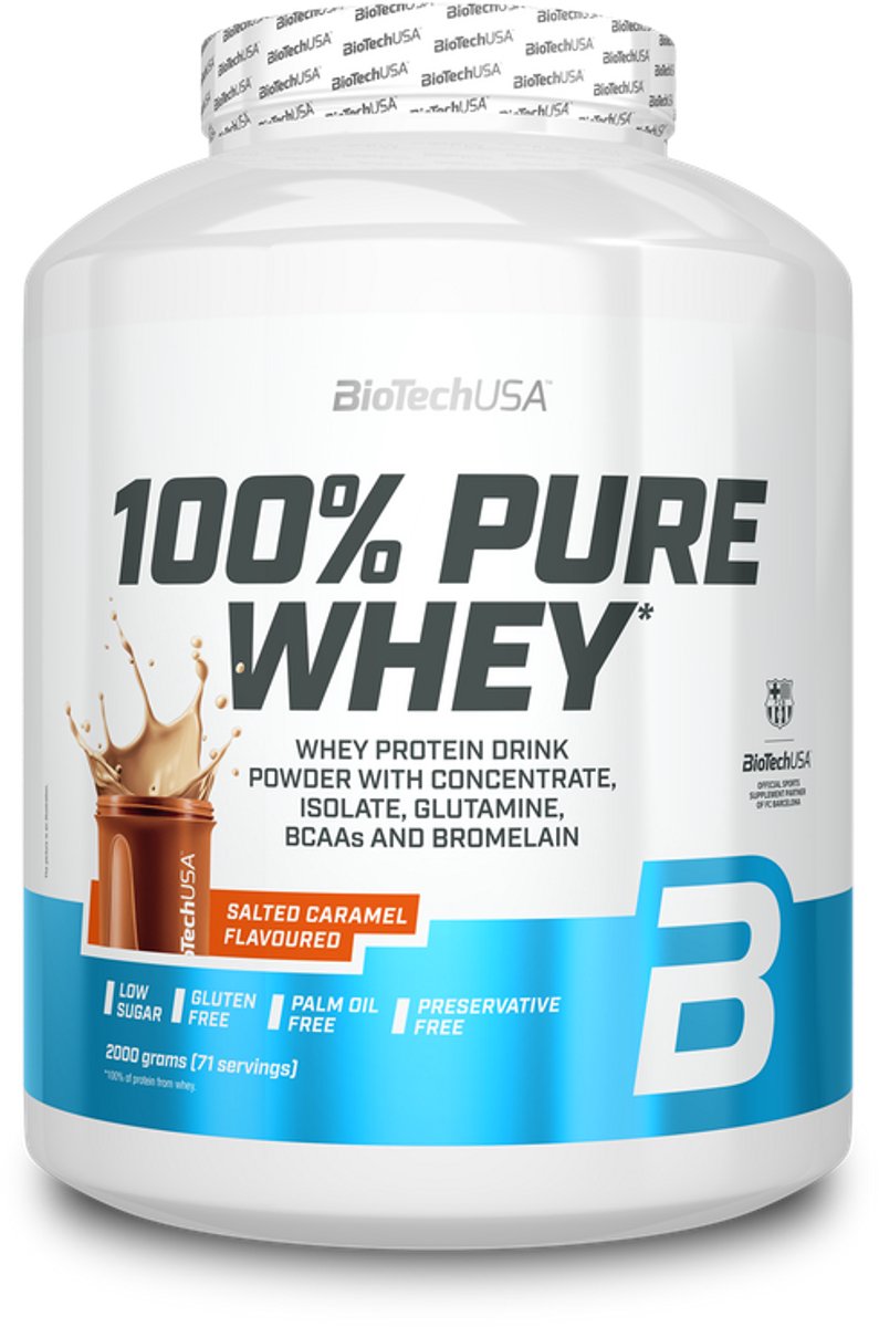 BioTechUSA 100% Pure Whey | Eiwitpoeder met BCAA en Glutamine | Glutenvrij, Palmolievrij | 21g Eiwit per portie, 2 kg, Gezouten karamel