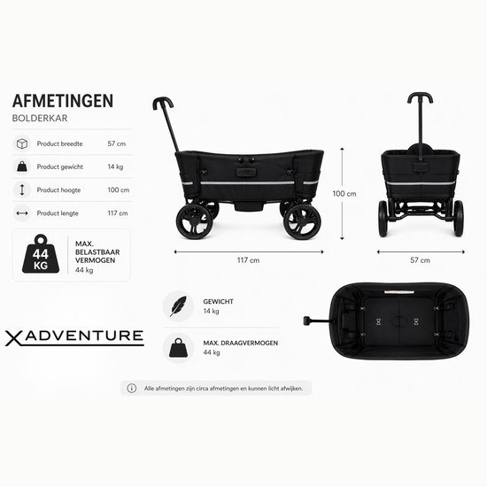 X Adventure Bolderkar Opvouwbaar CarGo - Bolderwagen - Met Dak en Trekstang - Geschikt voor Kinderen en Bagage - Zwart van Merkloos — afbeelding 4