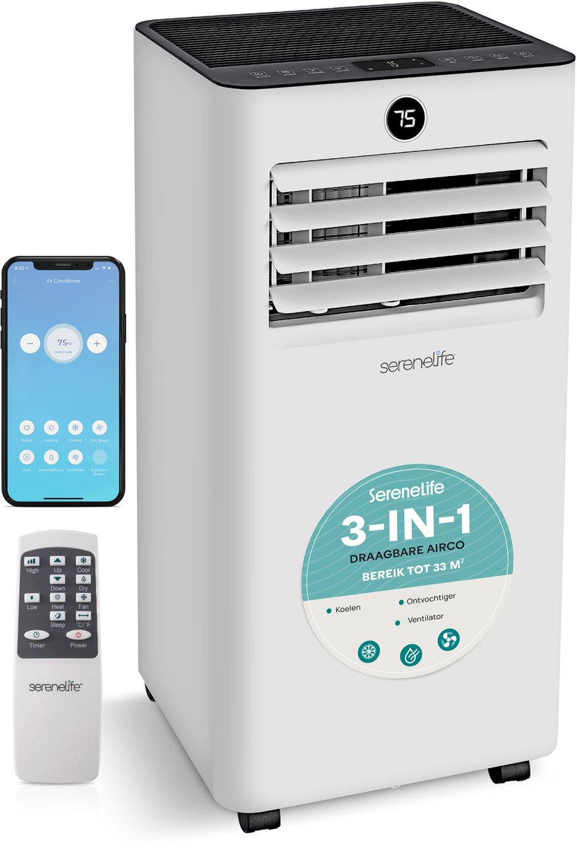 SereneLife Mobiele Airco- 7000 BTU - Airconditioning met WiFi - Air Conditioner met Afvoerslang voor Slaapkamer en Woonkamer