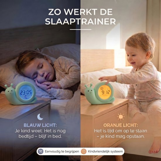Mintgroene slak slaaptrainer toont blauw licht voor bedtijd en oranje licht voor wakker worden. Kind slaapt, kind lacht.