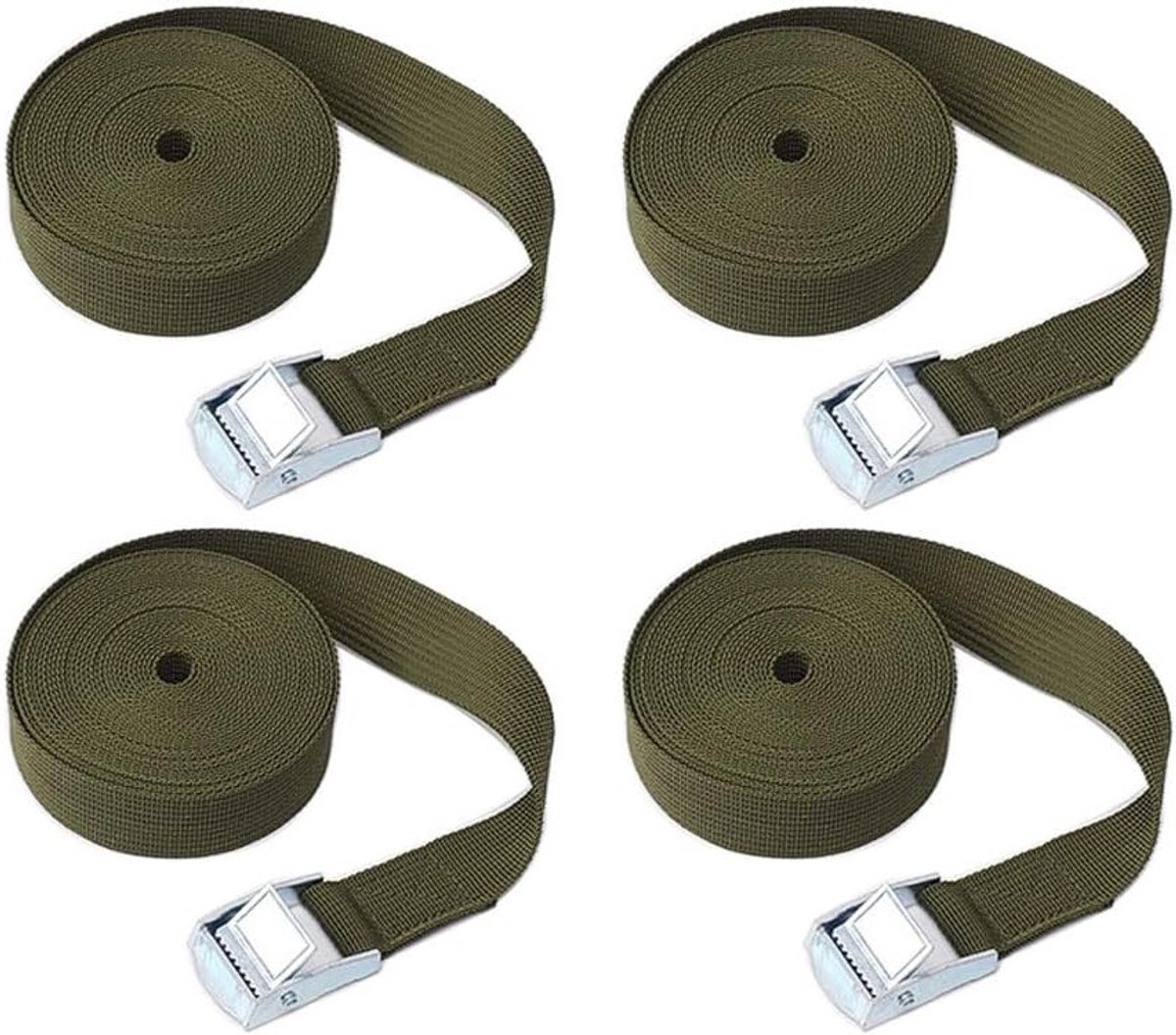 Verstelbare Spanningsriemen voor Vracht, Bagage en Motoren - 4 Stuks, 3m x 25mm, Stevige Lashing Straps in Legergroen