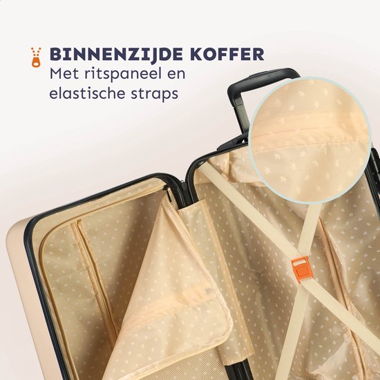 Buitenkant van de koffer met ritspaneel en elastische straps.