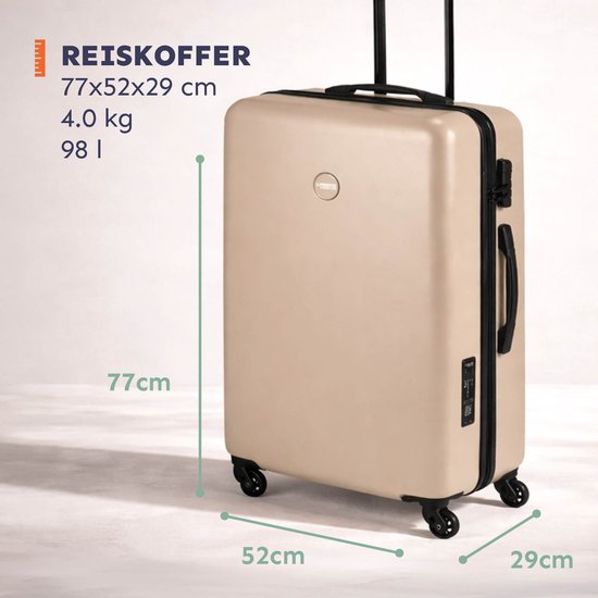Beige koffer, 77x52x29cm, met een uitschuifbaar handvat.