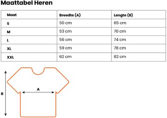 Maattabel voor herenshirts met maten S tot XXL en de bijbehorende breedte en lengte.