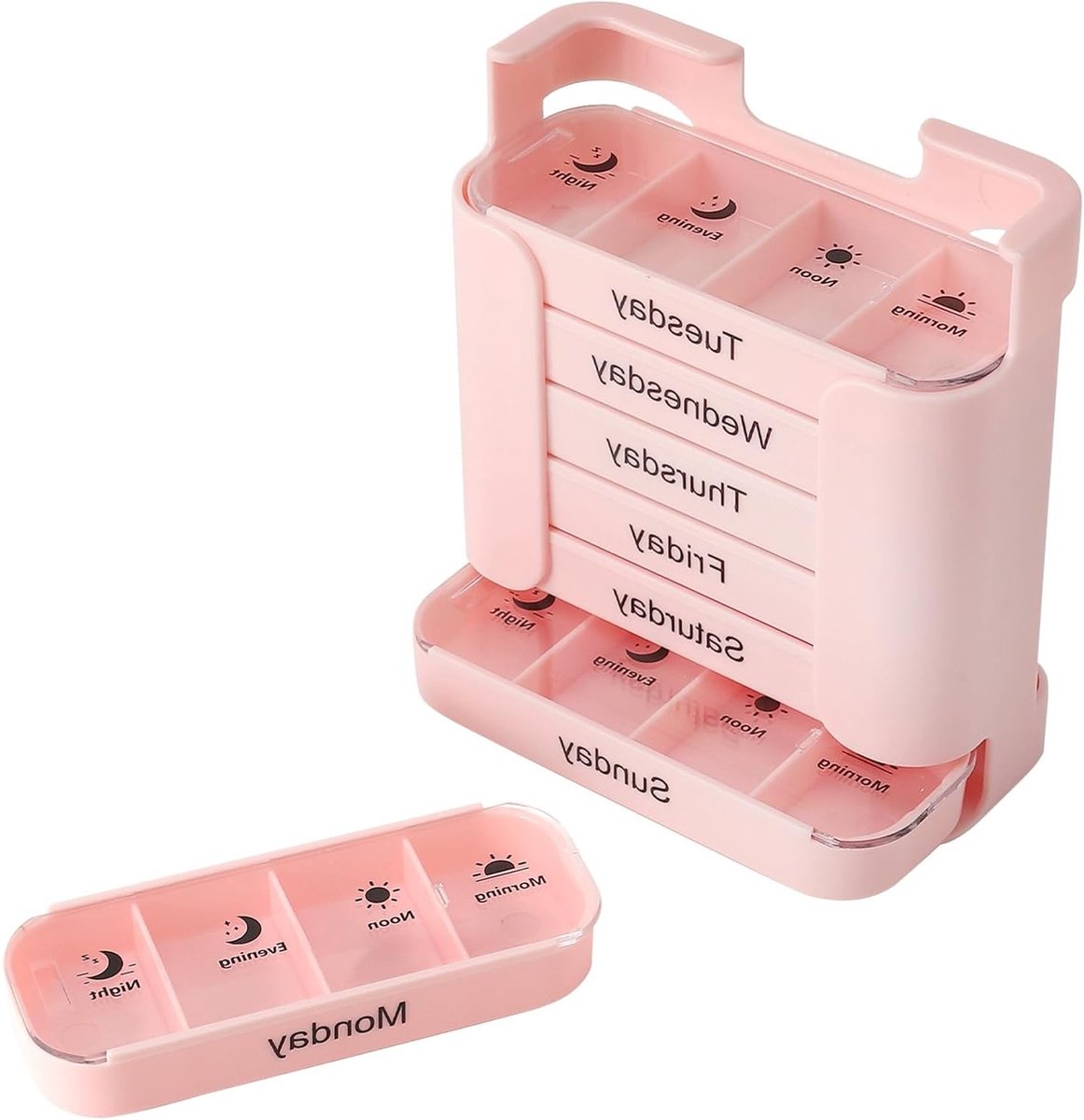 Tablettenbox voor 7 dagen met 28 vakken, pillendoos met toren-ladesysteem en veilige sluiting, medicijnorganizer voor dagelijks gebruik