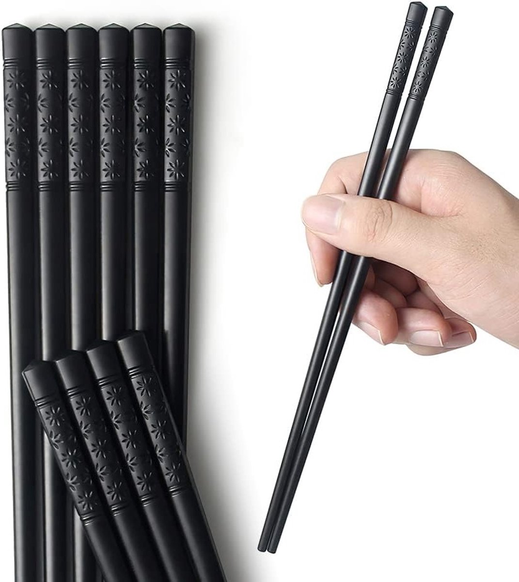 5 Paar Herbruikbare Fiberglass Chopsticks - Vaatwasserbestendige Zwarte Sushi Stokjes met Antislip Grip voor Japanse Gerechten