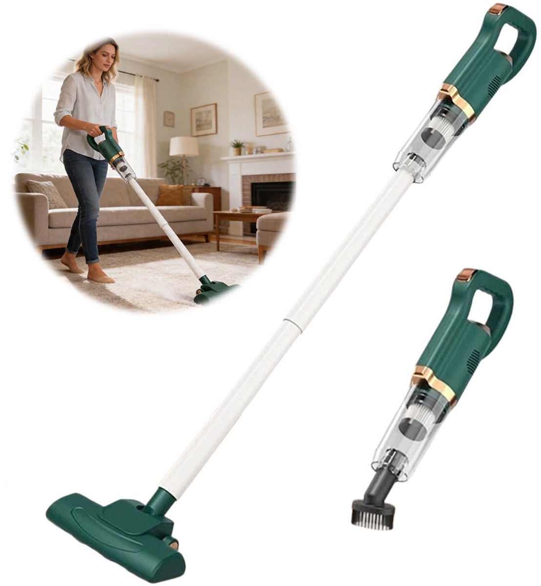 Draadloze Stofzuiger - 8500 Pa Zuigkracht - Steelstofzuiger - 75 W - 1500 Mah Lithiumbatterij - 700 ML Stofreservoir - Draadloze Handstofzuiger voor Thuisgebruik - Groen – foto 3
