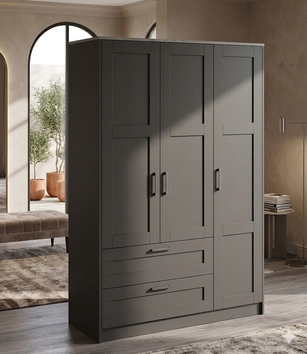 Kledingkast Houtlook met 2 Deuren en 2 Laden 175 x 80 x 48 cm - Compacte Garderobekast met Kledingstang en Planken, Vrijstaande Kast voor Slaapkamer, Witte Houtnerf Opbergkast - Vermissen