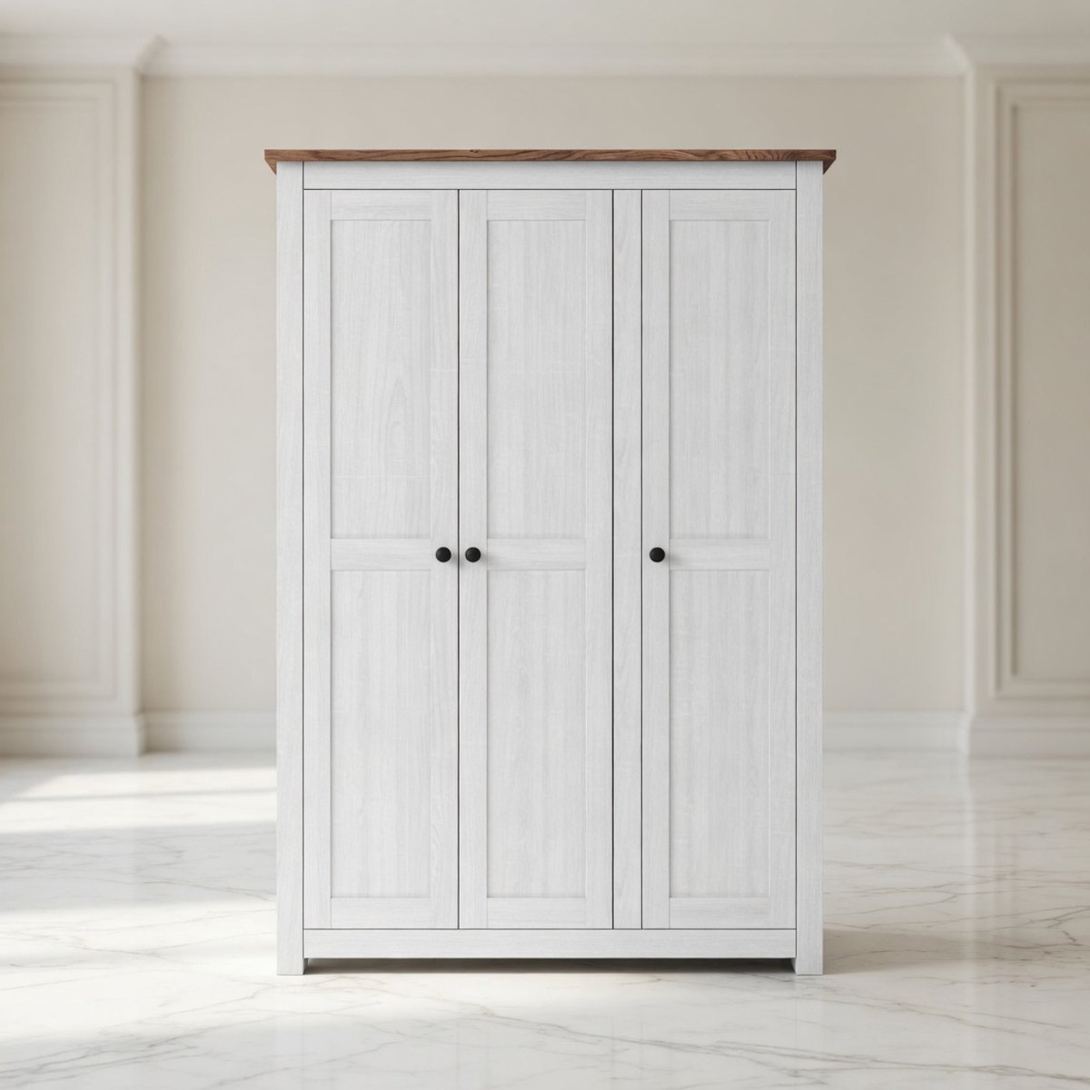 Mobili Bella 3-Deurs Kleiderschrank – Massief Grenen Kledingkast Wit met Natuurhouten Blad – Garderobekast met Hanggedeelte en 4 Planken – Slaapkamerkast 118x50x171,5 cm – Ruime Dressoir Kast