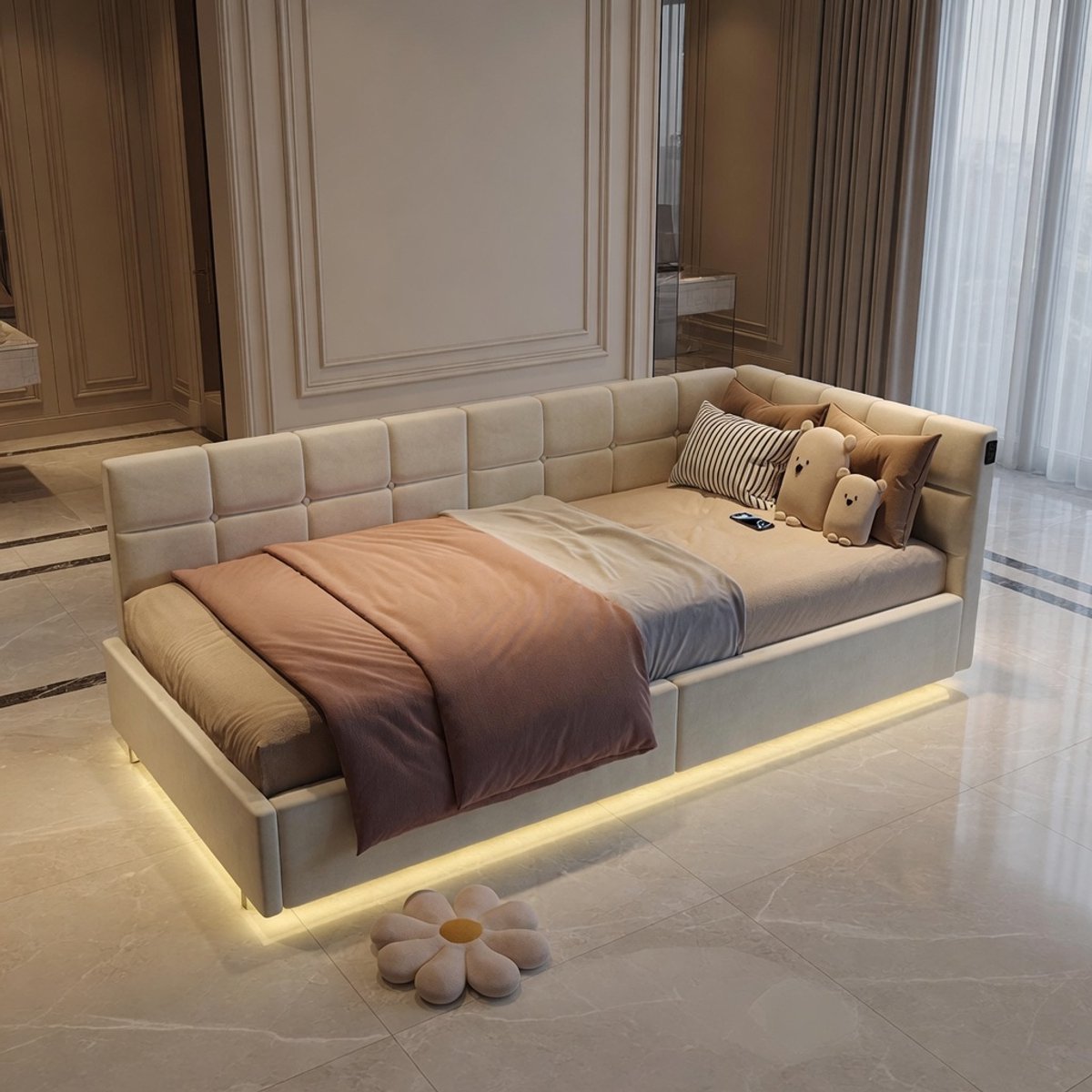 CornerLux LED Hoekbed 90x200 cm met Opbergruimte – Gestoffeerd Eenpersoonsbed met Hydraulische Bedbox en Lattenbodem – Modern Sofa Bed met Hoofdbord – Kinderbed / Tienerbed – Beige Mobili Bella