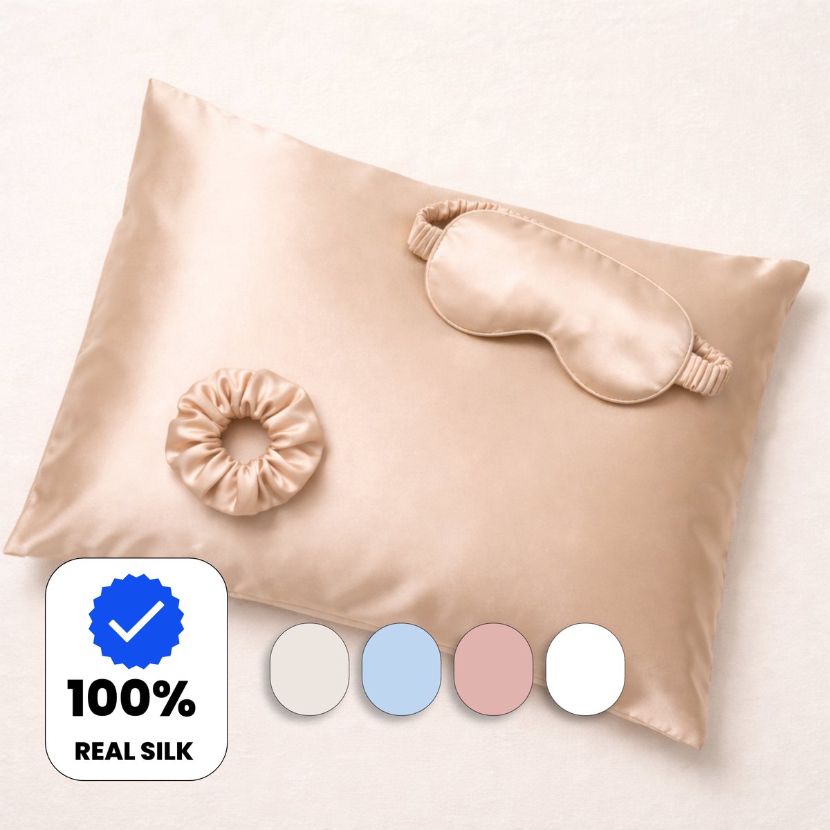 Muné Bedding Zijden Set 3-delig - Kussensloop 60x70 + Slaapmasker + Scrunchie - 100% Moerbeizijde 19 Momme - Silk Pillowcase - Beige