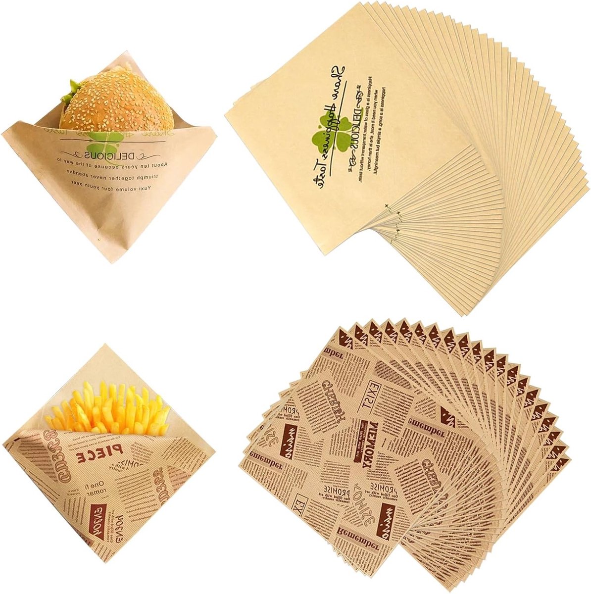 200 Stuks Vetvrij Papier voor Burgers en Snacks, 15x15cm, Ideaal voor Frietjes, Sandwiches en Voedselverpakking