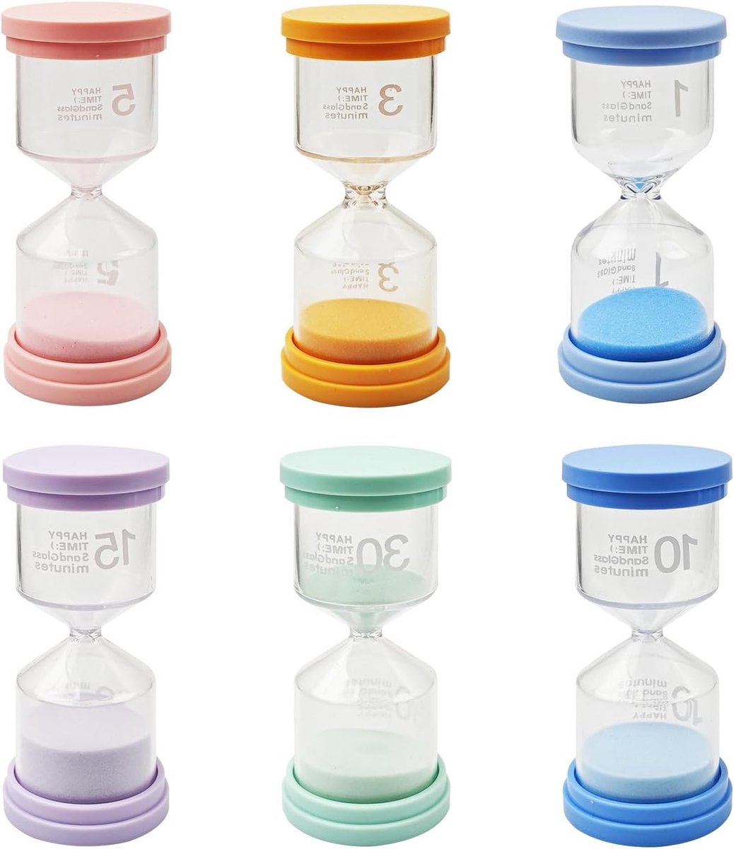 Set van 6 Kleurige Zandlopers voor Kinderen en Tijdbeheer - 1, 3, 10, 15 en 30 Minuten - Perfect voor Thuis, Spellen en Keukenactiviteiten