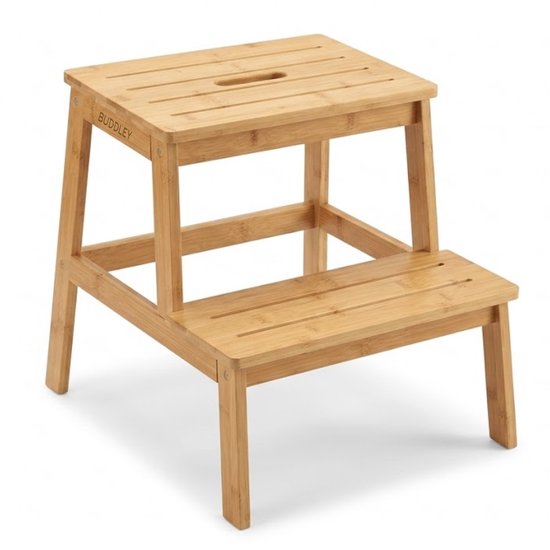 BUDDLEY Opstapje - Keukentrapje 2 treden - Keukentrap - Trapje 2 treden - Houten krukje - Kind - Opstapje volwassenen - Huishoudtrap - Opstapje Hout - Keukentrapje Hout - Trapje Hout - Opstapje keuken - Opstapje bamboe - Opstapje Hout 2 treden