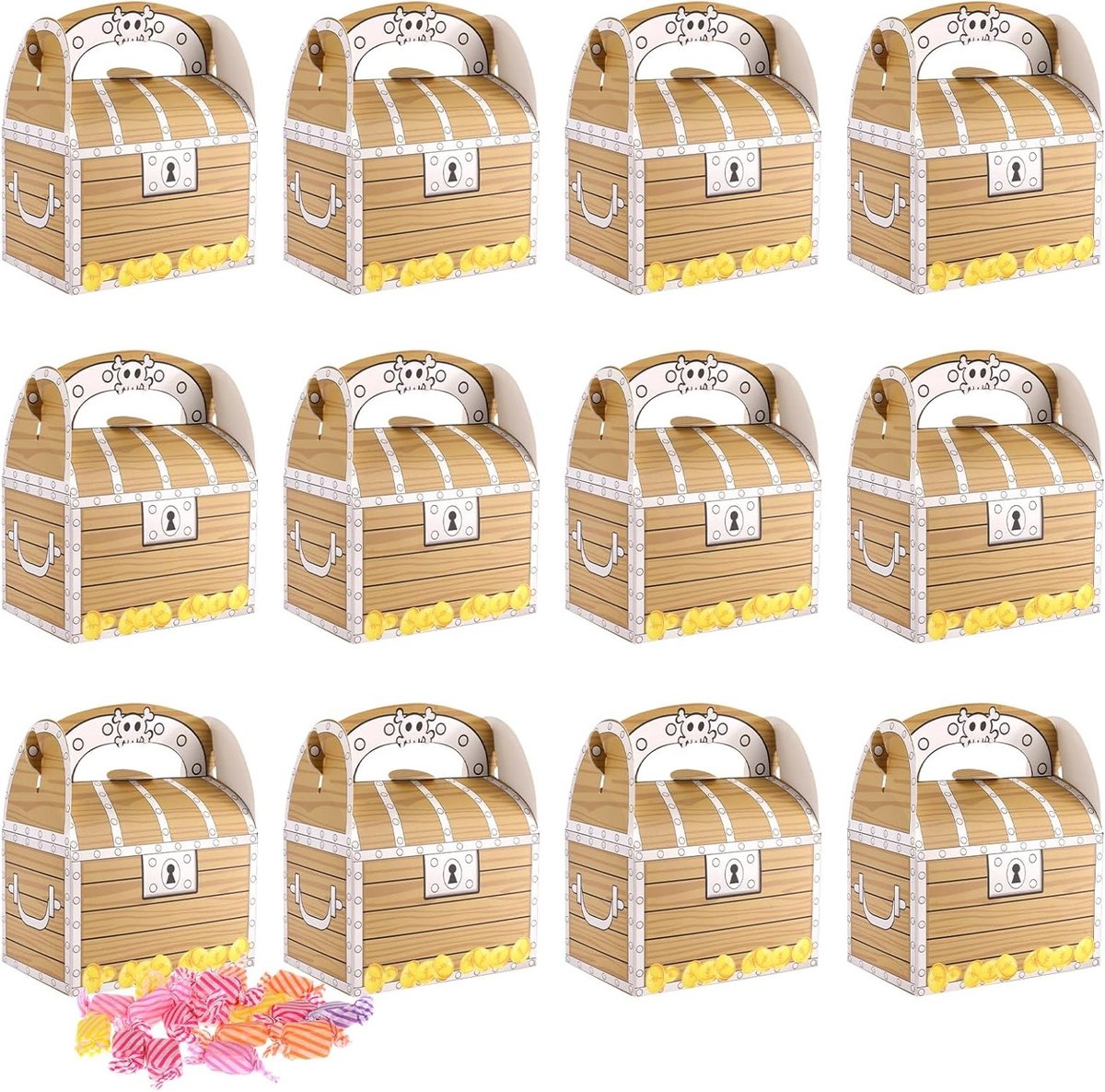 Piraten Schatkist Set voor Kinderen - 12 Stuks Kartonnen Cadeau Dozen voor Verjaardagsfeestjes, Snoep en Kleine Geschenken (11×7×7cm)