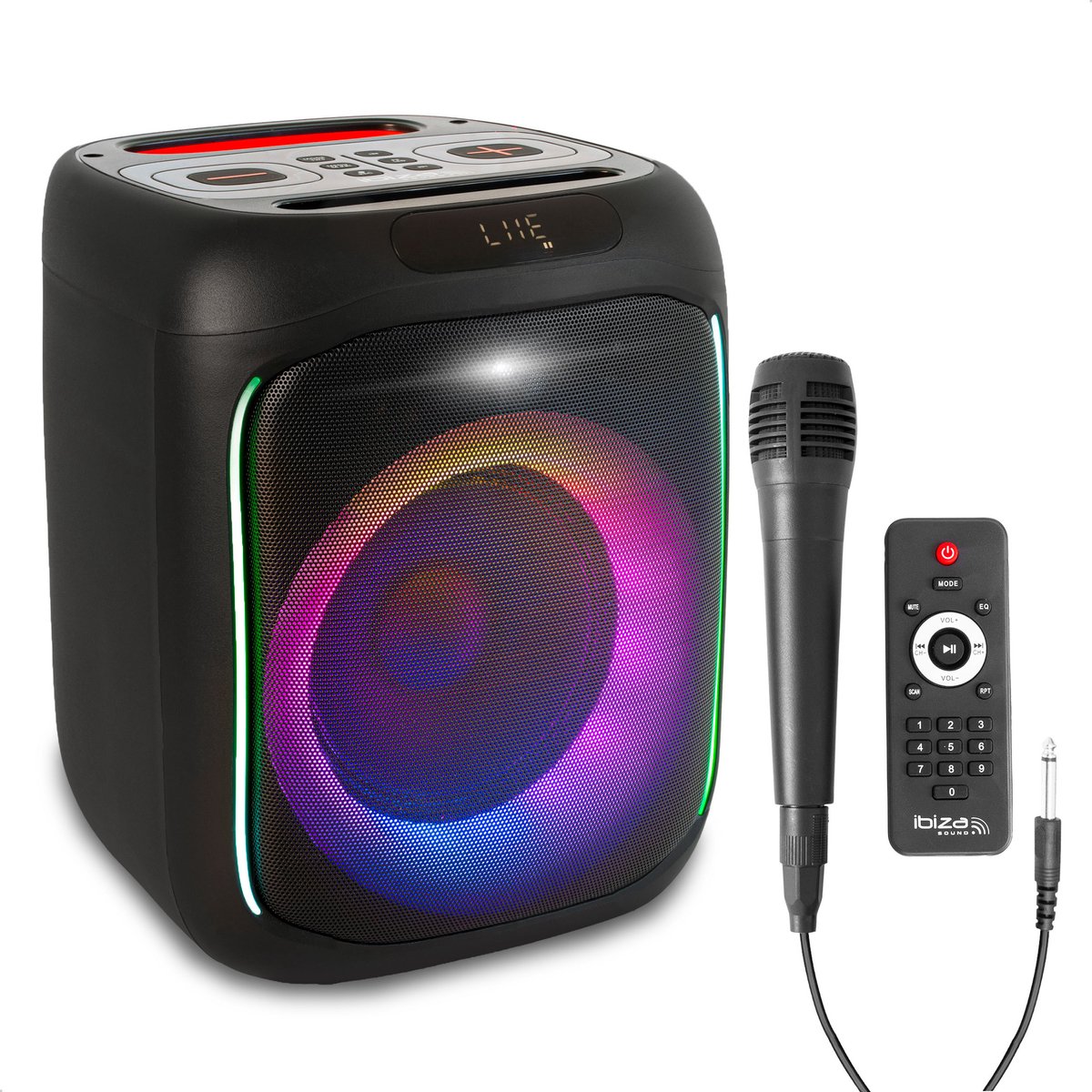 Ibiza CUBE180 180 W draagbare Bluetooth-luidspreker (op batterijen) – 6,5-inch luidspreker – LED met stroboscoopeffect – USB, MicroSD, FM – TWS – inclusief bedrade microfoon en afstandsbediening