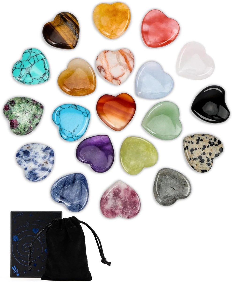 Set van 24 Hartvormige Edelstenen en Geneeskrachtige Stenen - Perfect Valentijns Cadeau voor Liefhebbers - Inclusief Chakra Stenen, Fluwelen Tas en Cadeau Doos