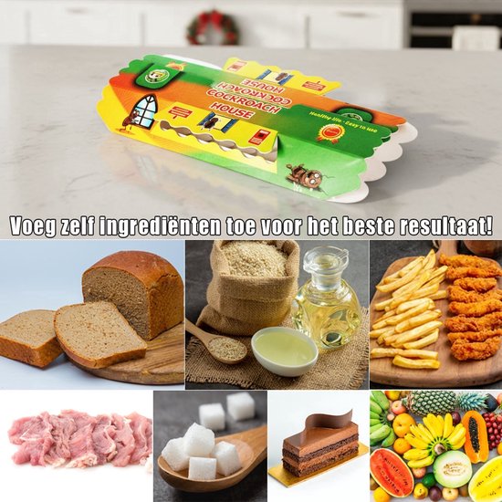 Een decoratieve kokervormige kakkerlakkenval met 'Cockroach House' erop. Afbeeldingen van brood, rijst, olie, friet, vlees, suiker, taart en fruit.