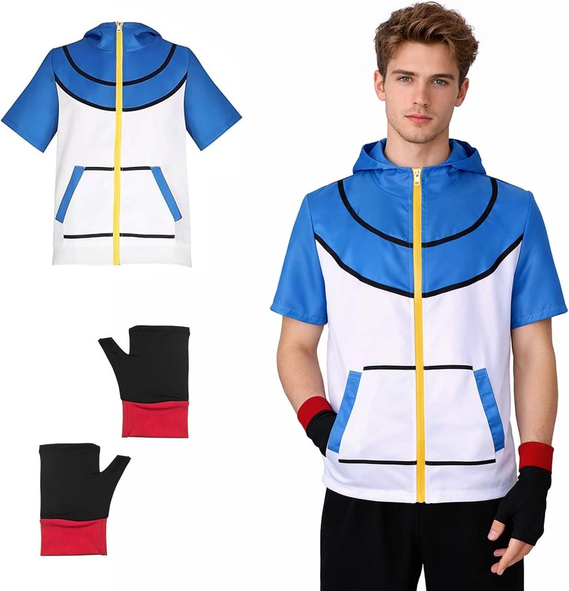 Anime Cosplay Kostuum met Hoodie en Handschoenen, Klassieke Blauwe en Witte Jas, Unisex Carnaval Outfit voor Halloween, Themafeesten en Dagelijks Gebruik (XXL)