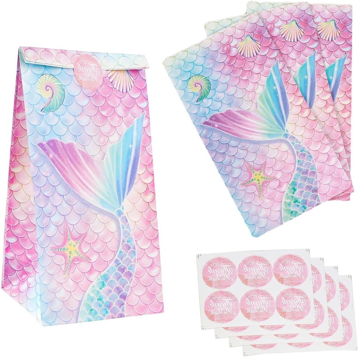 Mermaid Cadeauzakken en Stickers (13 x 24 x 8 cm) - Verjaardagsdecoratie met Zeemeermin Ontwerp, Feestartikelen voor Kinderen, Witte Kraft Papieren Zakjes voor Cadeaus en Versiering