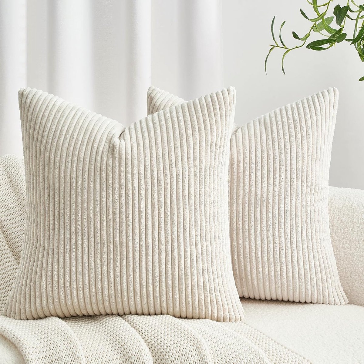 Set van 2 Kussenhoezen 50 x 50 cm in Crème Katoen met Gestreept Patroon voor Woonkamer en Bankdecoratie