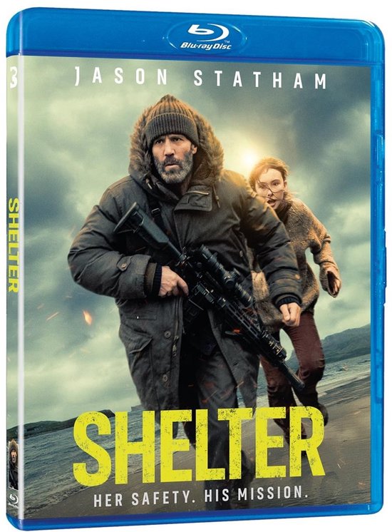 Jason Statham met een geweer, met een jong meisje achter hem. Film "Shelter" Blu-ray disc. Verticale tekst "SHELTER".