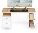 Bureau avec plateau en bois et cadre en métal blanc. Comprend 2 étagères, une commode à 2 tiroirs et 2 écrans affichant une plage.