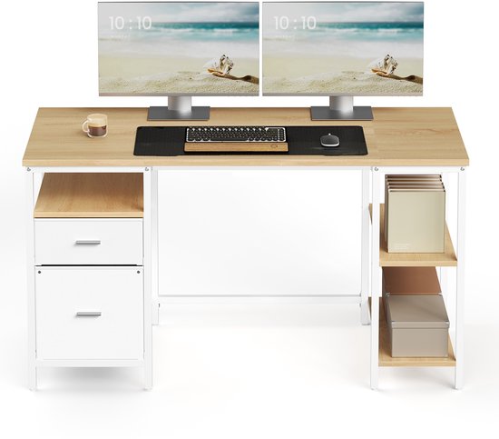 Bureau avec plateau en bois et cadre en métal blanc. Comprend 2 étagères, une commode à 2 tiroirs et 2 écrans affichant une plage.