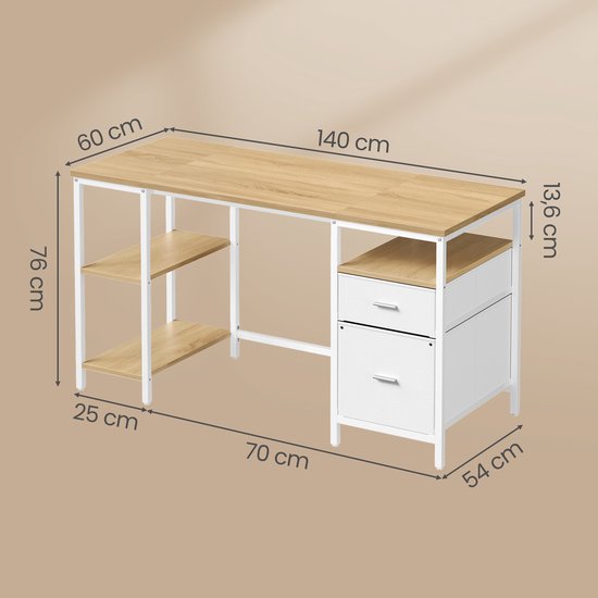 Dimensions du bureau en bois avec cadre en métal blanc, 2 étagères et une commode à 2 tiroirs.