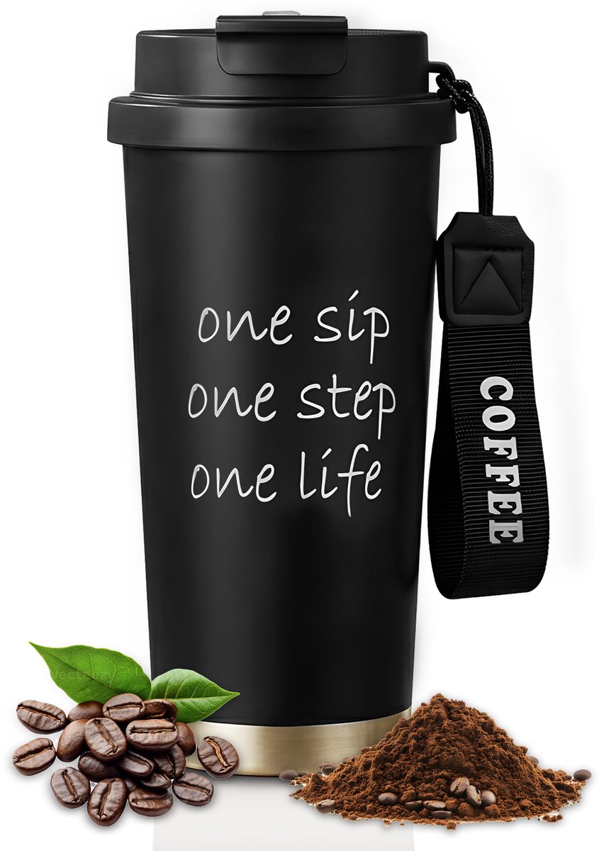 Rivv Thermosbeker - Koffiebeker To Go - 530ml Koffiebeker met Deksel & Draaglus - Lekvrij - Antislip - Herbruikbare Travel Mug - Warm & Koud - Zwart met Motivatie Tekst