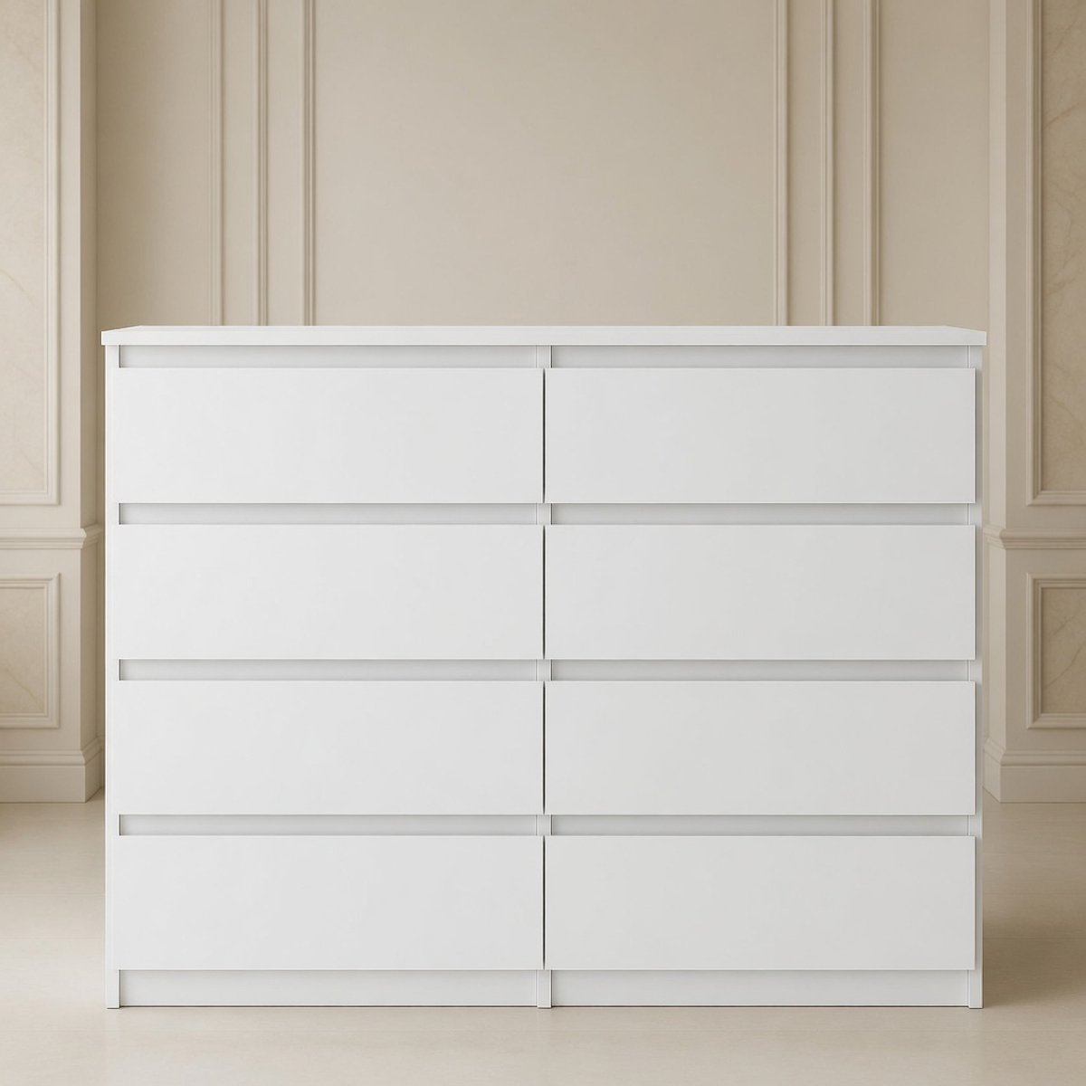 Modern Commodekast 140 cm – Dressoir met 8 Lades – Grote Ladekast Wit – Opbergkast voor Woonkamer, Slaapkamer & Hal – 138,5 x 101,5 x 39 cm – Tijdloos Design – Ruime Opbergruimte Mobili Bella