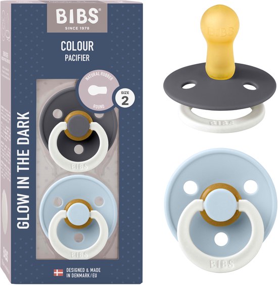 BIBS Colour Glow Speen verpakking van 2 stuks. BPA-vrij, Ronde speen. Natuurlijk rubberlatex, Gemaakt in Denemarken. Maat 2 (6-18 maanden), Iron Glow / Baby Blue Glow