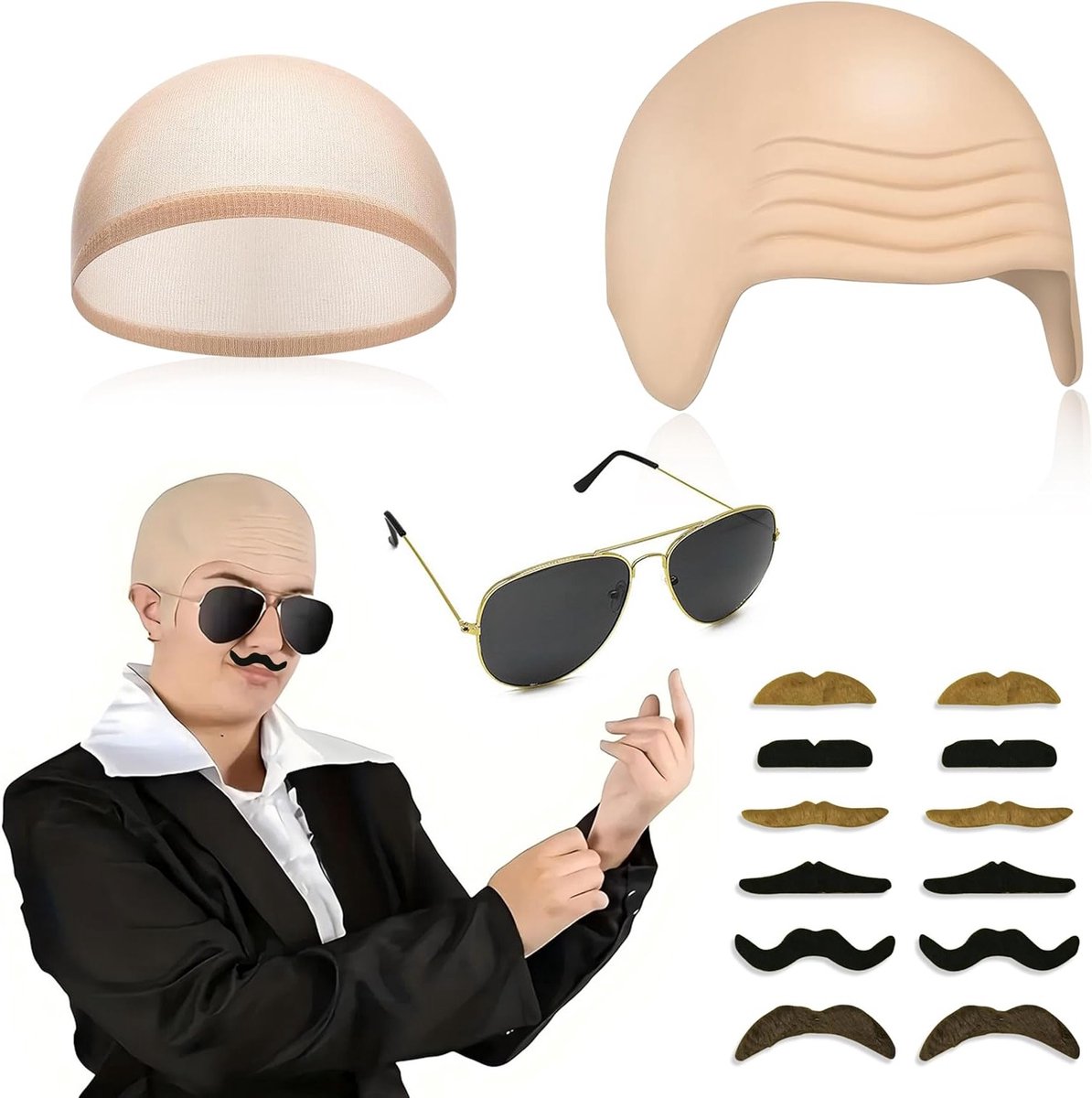 Latex Bald Head Hoed, 4 Stuks met Zonnebril en Neppor, Elastische Haarnet voor Halloween en Cosplay Accessoires
