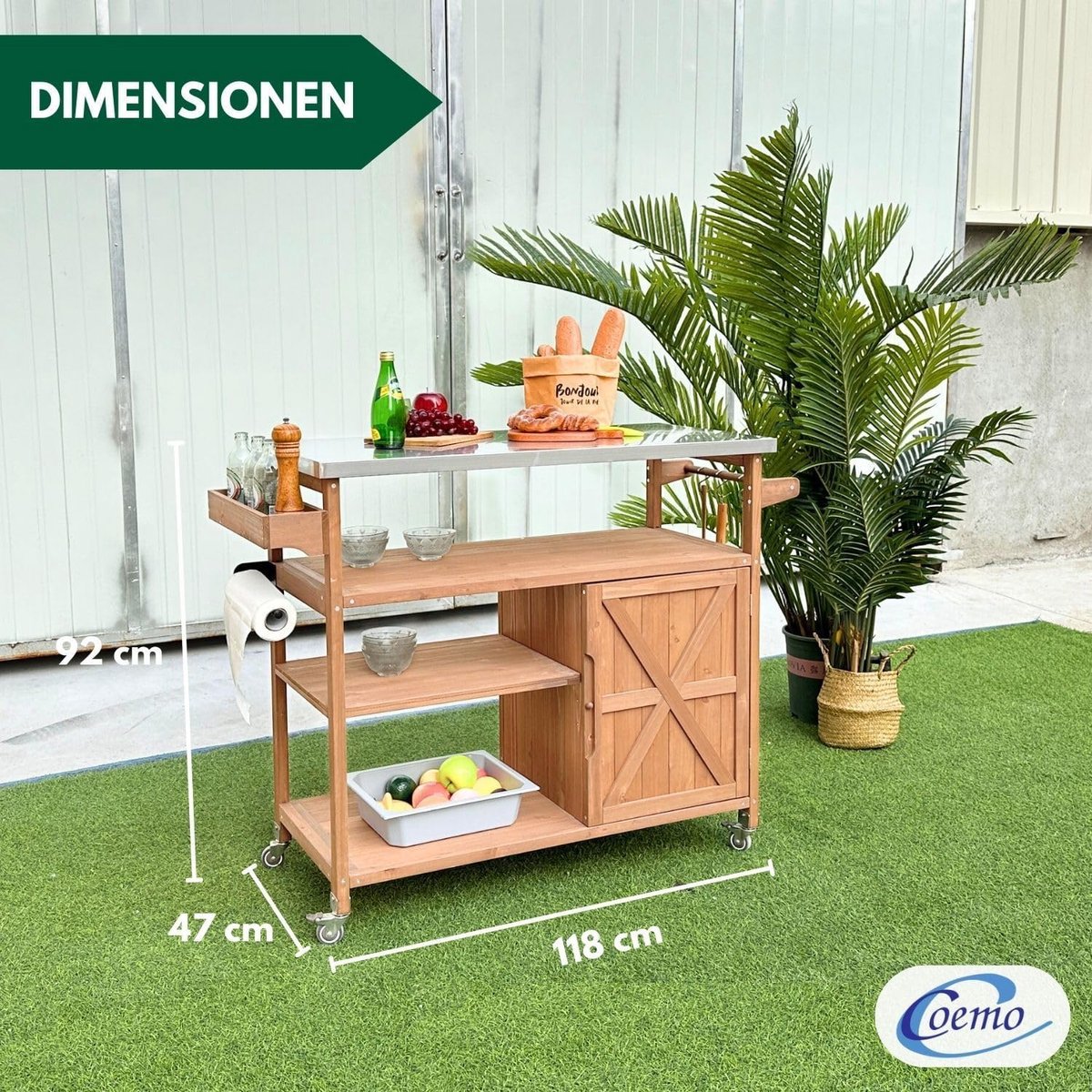 BBQ grillwagen op wielen – ABTKantoor outdoor keukeneiland met roestvrijstalen werkblad, houten frame, kast & kruidenrek – grilltrolley 118 × 47 × 92 cm – tuin serveerwagen