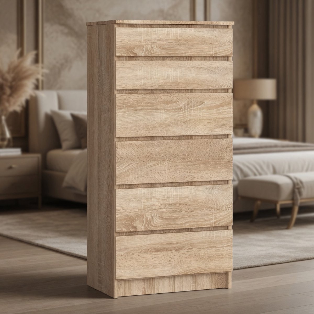 Luxe Commode Sonoma Eiken 130 cm – Smalle Ladekast met 6 Ruime Laden – Moderne Dressoir Kast voor Slaapkamer, Hal & Woonkamer – Houten Opbergkast Organizer 60x40x130 cm Mobili Bella