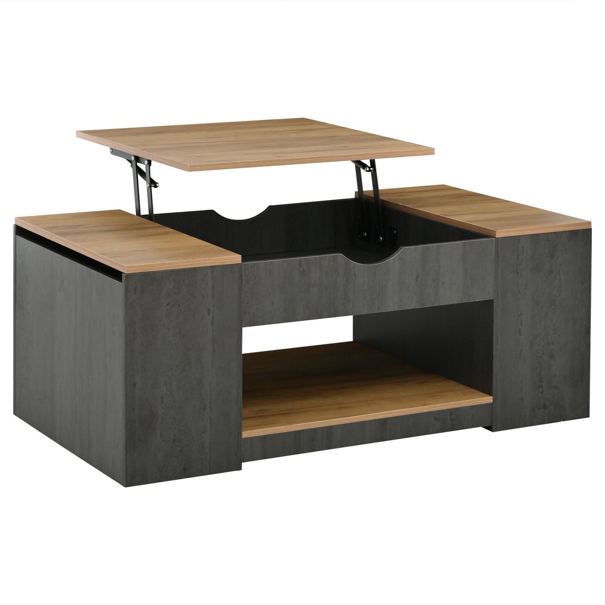 Salontafel 109,5x60 cm - in hoogte verstelbaar - lift-top met 3 opbergvakken - open vak - compact - grijs met houtlook