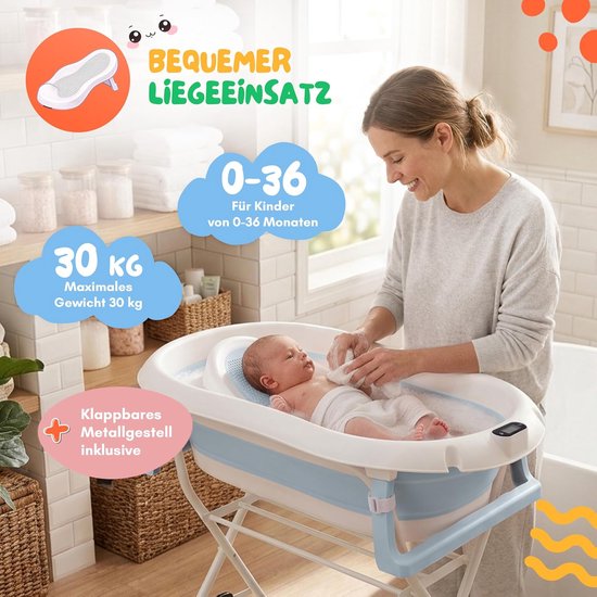 moovkee. Babybad met Standaard 80 cm - Opvouwbare Babybadewanne Blauw met Thermometer, Badesitz en Afvoersysteem - Veilig Babybad voor Pasgeborenen van Moovkee — afbeelding 4