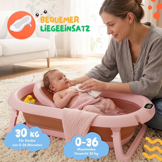 moovkee. Opvouwbaar Babybad 80 cm Donkerroze - Babybadewanne met Thermometer en Badesitz - Antislip Draagbare Babybadkuip voor 0-36 Maanden — afbeelding 4