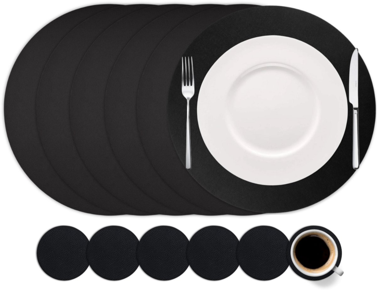 Cookinglife Placemats en onderleggers - Set van 12 - 6 ronde placemats - Ø38 cm - 6 ronde onderzetters - Ø10 cm - Dubbelzijdig - Vegan Lederlook - Zwart