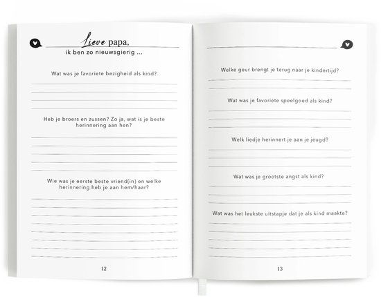 Open boek met vragen als "Wat was je favoriete bezigheid als kind?"
