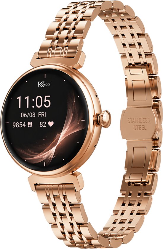 Roségouden smartwatch met metalen band en een rond, zwart display met tijd, datum en hartslag.