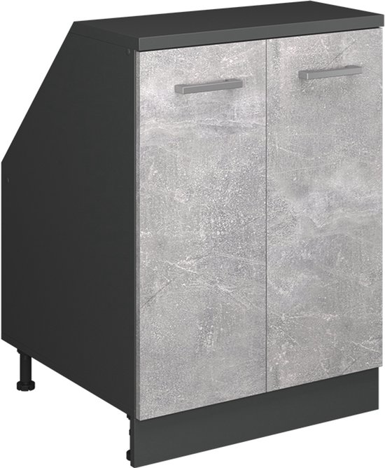 Donkergrijze kast met twee deuren in betonlook. Metalen handgrepen.